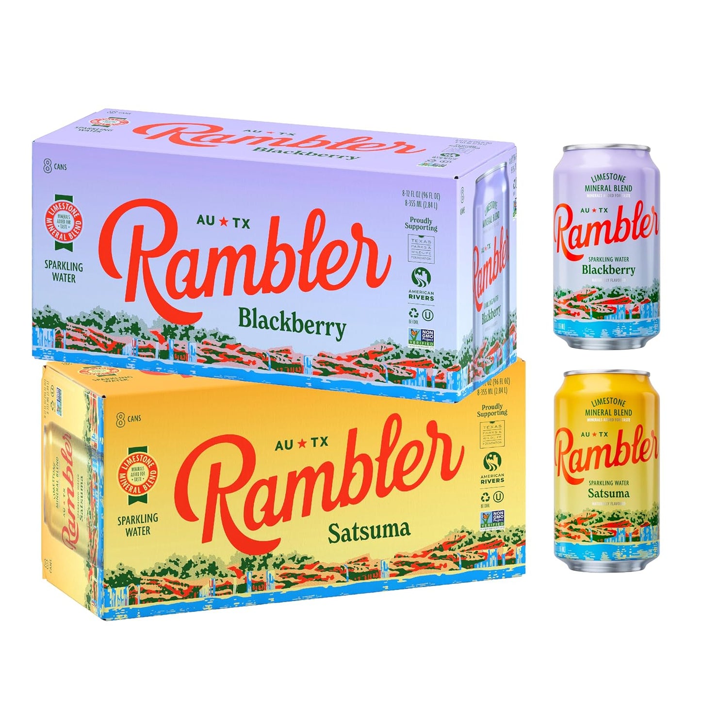 AUTX RAMBLER Sparkling Water, Texas Limestone Mineral Blend, Blackberry x Satsuma, 12-Ounce Cans, 8 Count x 2 (16 Cans Total)