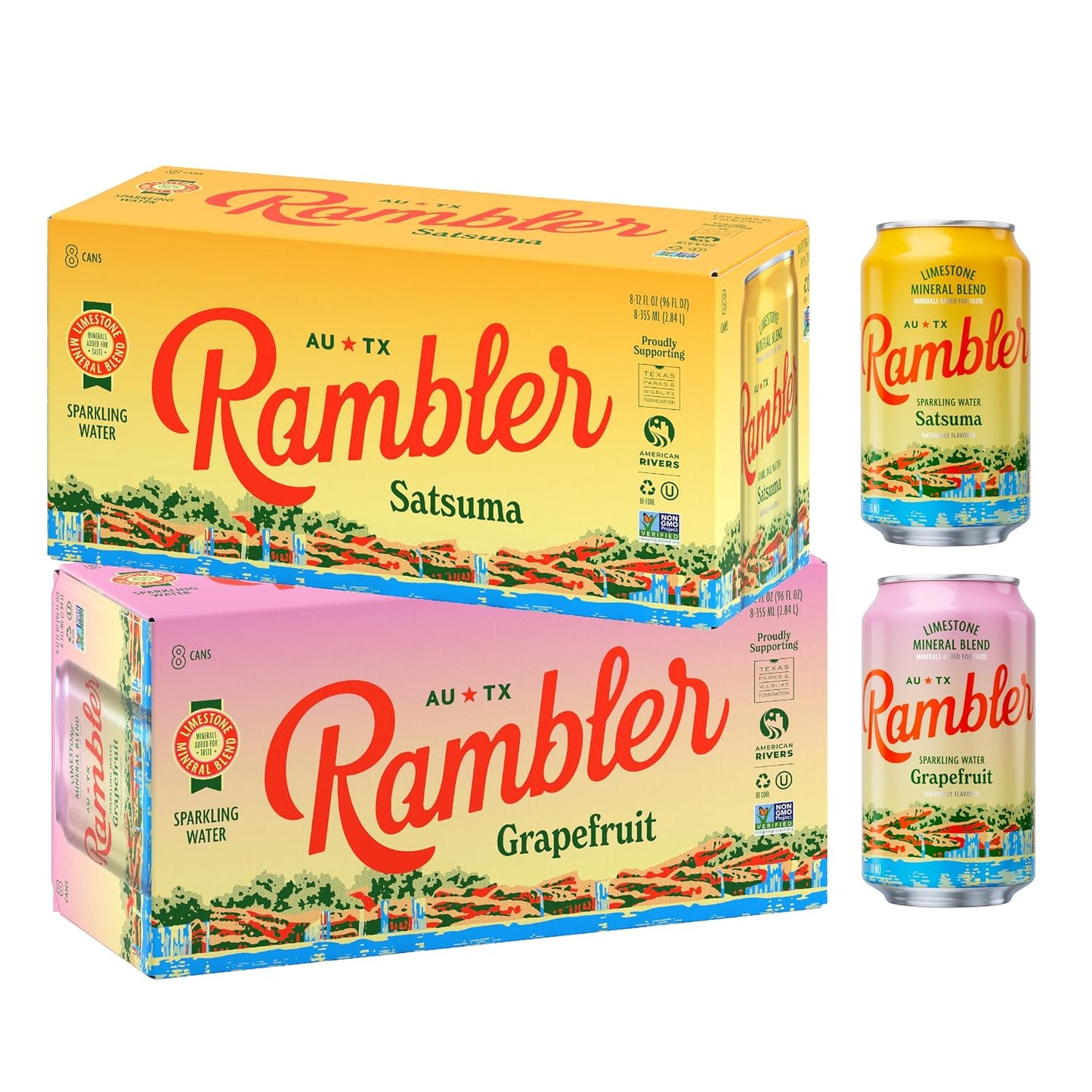 AUTX RAMBLER Sparkling Water, Texas Limestone Mineral Blend, Grapefruit x Satsuma, 12-Ounce Cans, 8 Count x 2 (16 Cans Total)