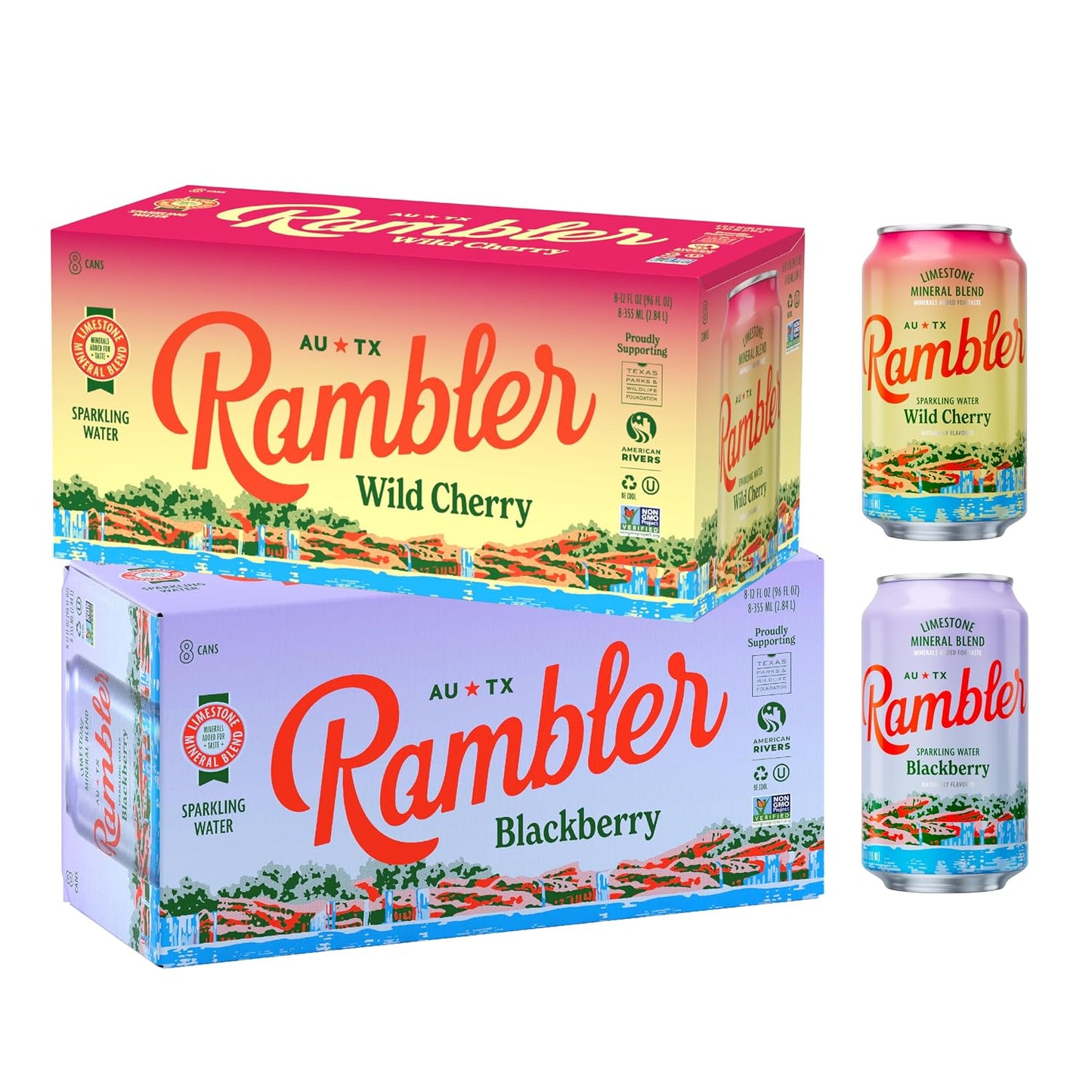 AUTX RAMBLER Sparkling Water, Texas Limestone Mineral Blend, Blackberry x Wild Cherry, 12-Ounce Cans, 8 Count x 2 (16 Cans Total)