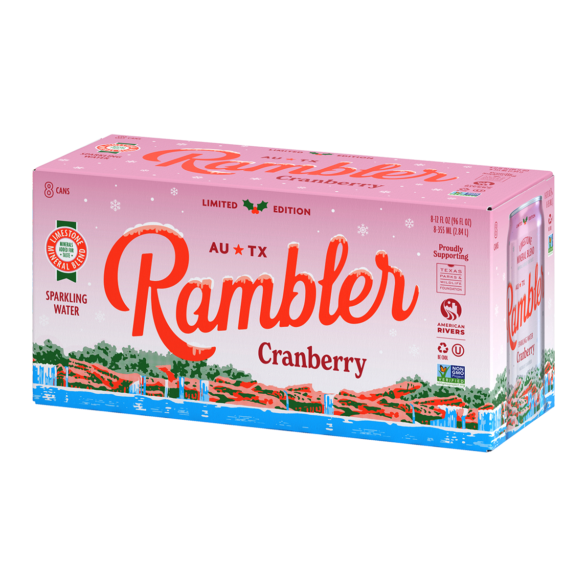 Pink packaging of Rambler Cranberry sparkling water on a white background