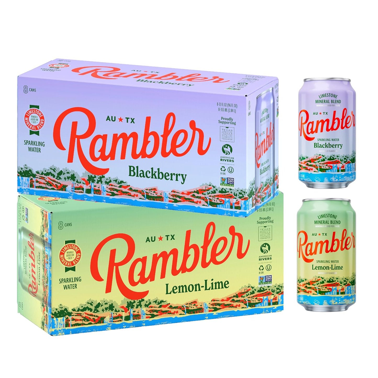 AUTX RAMBLER Sparkling Water, Texas Limestone Mineral Blend, Blackberry x Lemon-Lime, 12-Ounce Cans, 8 Count x 2 (16 Cans Total)