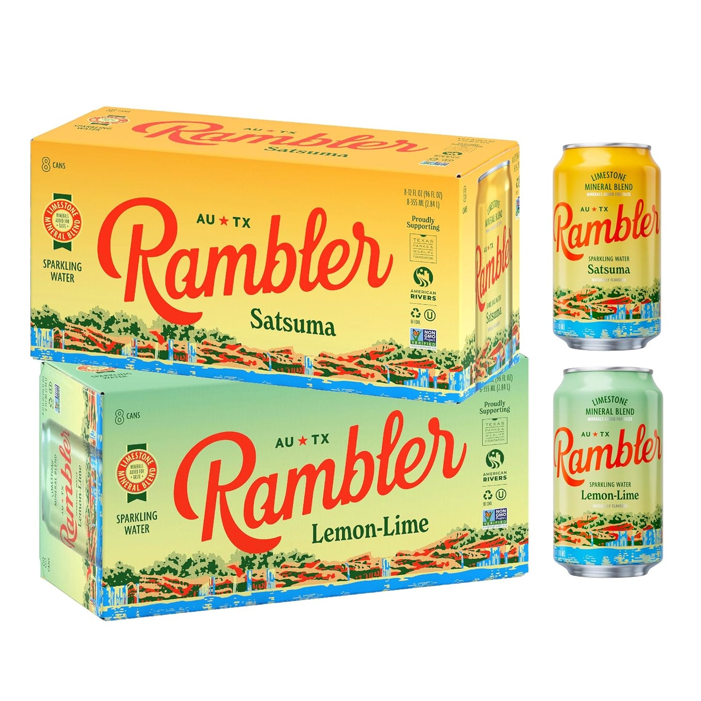 AUTX RAMBLER Sparkling Water, Texas Limestone Mineral Blend, Lemon-Lime x Satsuma, 12-Ounce Cans, 8 Count x 2 (16 Cans Total)