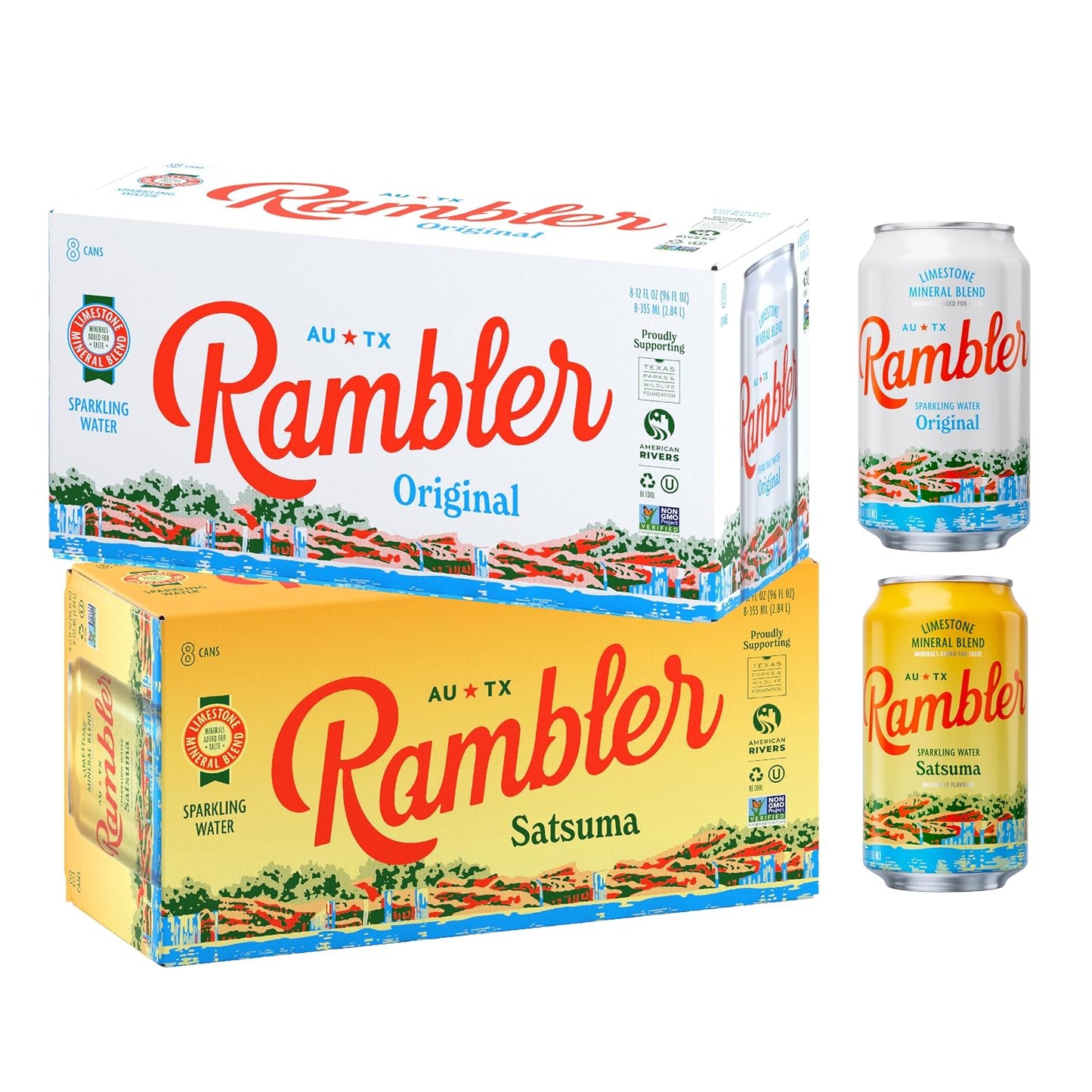 AUTX RAMBLER Sparkling Water, Texas Limestone Mineral Blend, Original x Satsuma, 12-Ounce Cans, 8 Count x 2 (16 Cans Total)