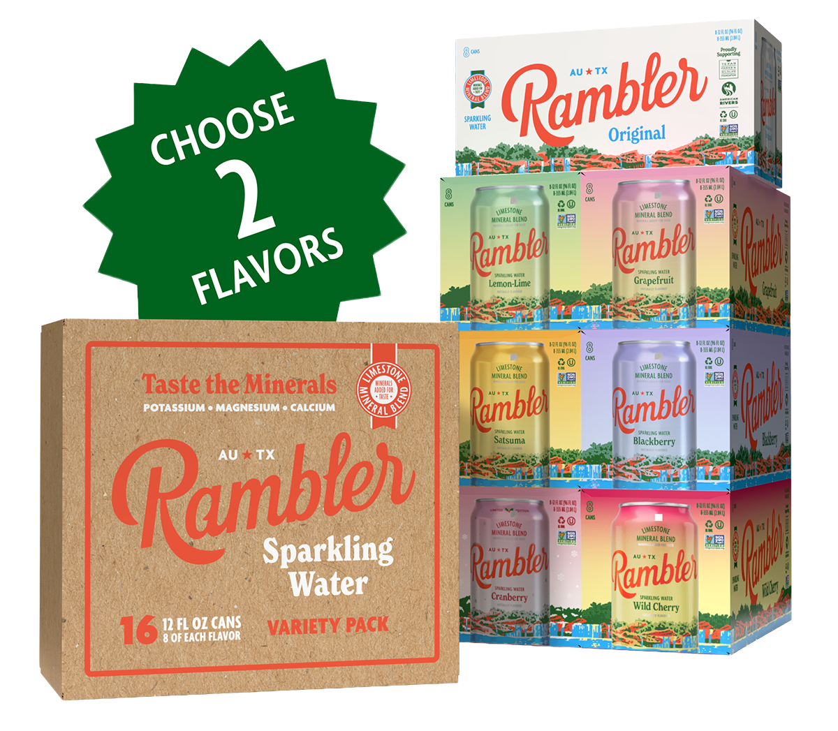 Rambler sparkling water packaging with a variety of flavors on a white background