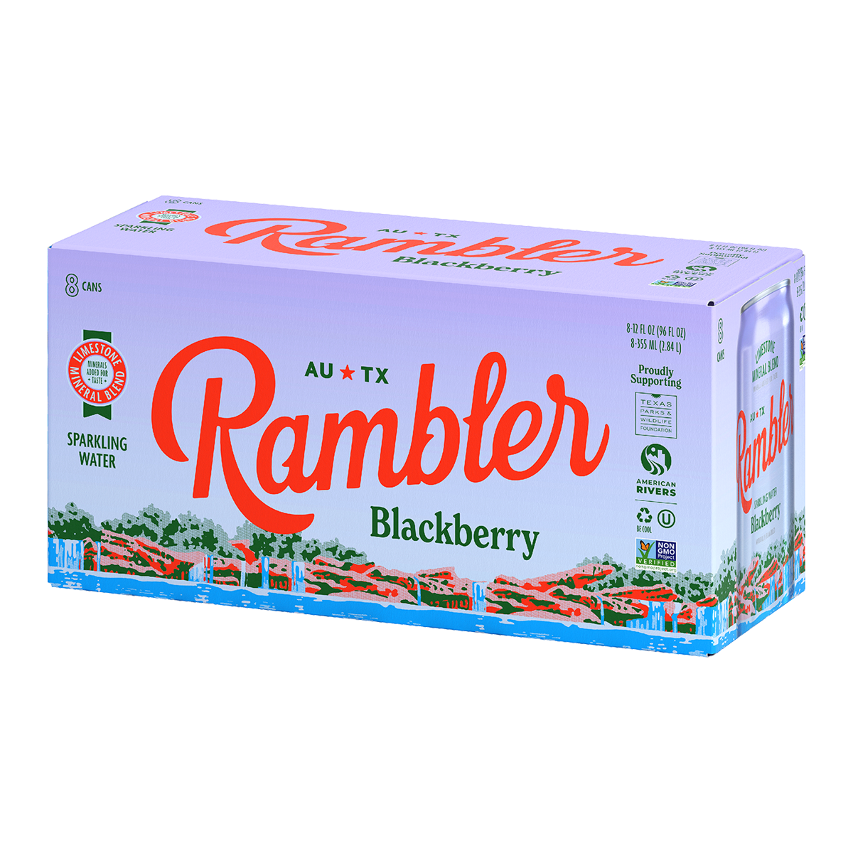 Box of Au Tx Rambler Blackberry sparkling water on a white background