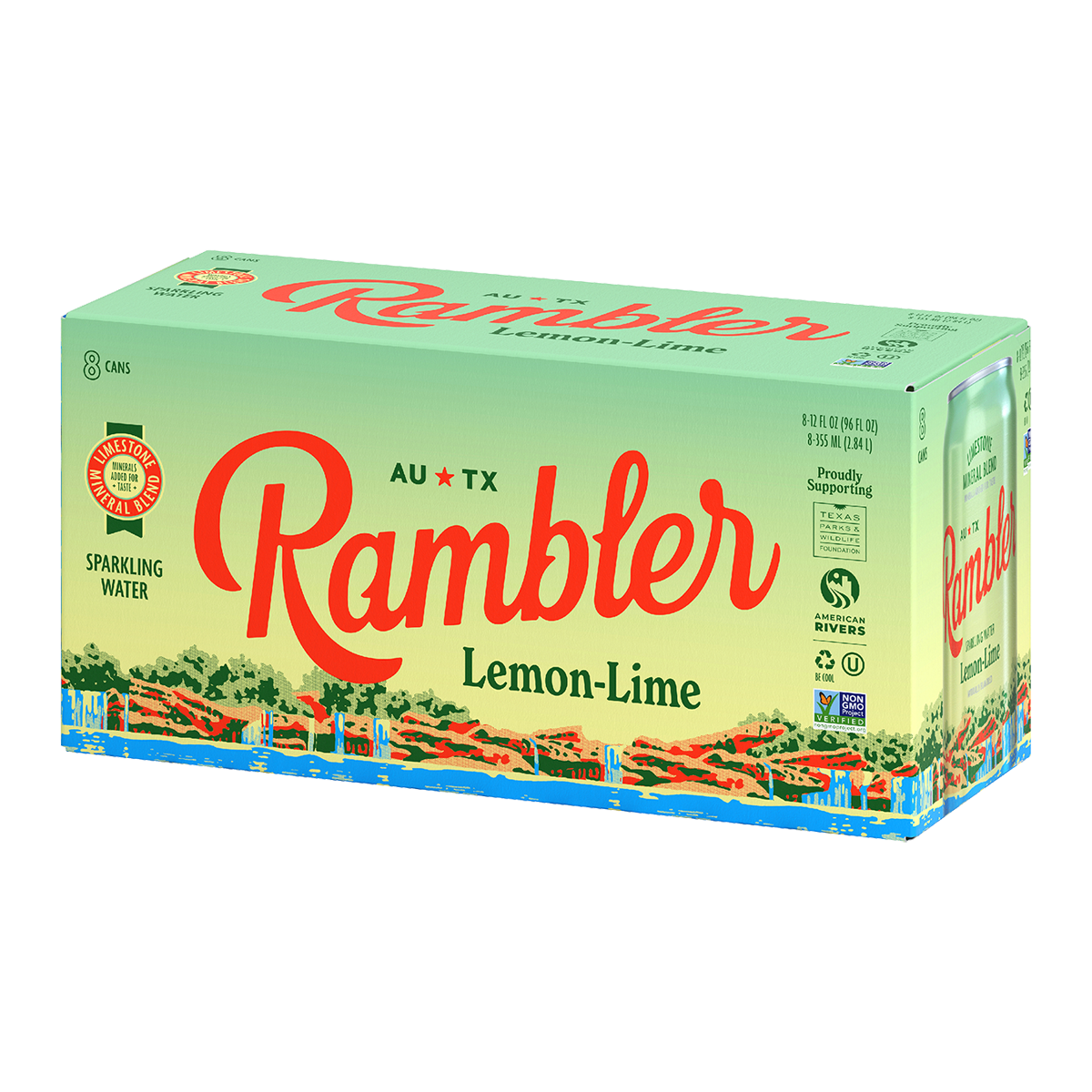 Box of Rambler Lemon-Lime sparkling water on a white background