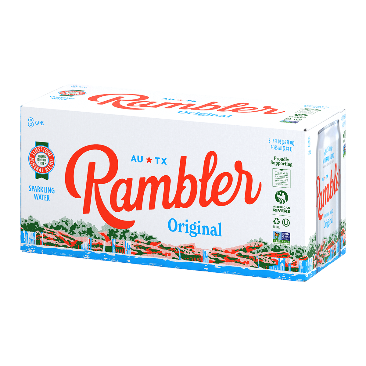 Box of Rambler sparkling water on a white background