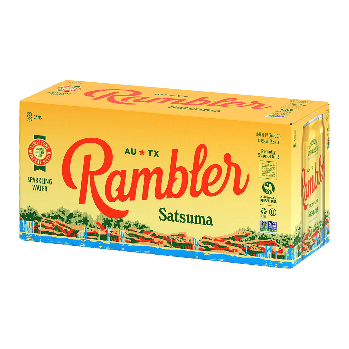 Box of Rambler Satsuma sparkling water on a white background