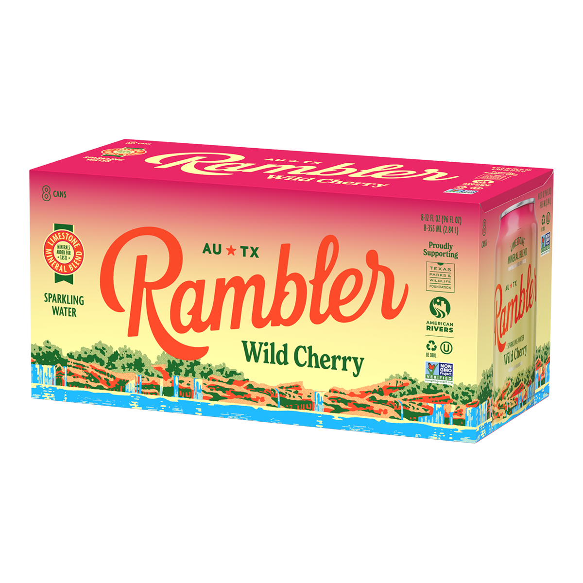 Rambler Wild Cherry sparkling water packaging on a white background